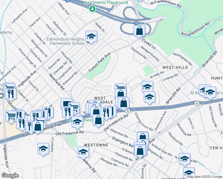 map of restaurants, bars, coffee shops, grocery stores, and more near 1121 Saint Agnes Lane in Baltimore