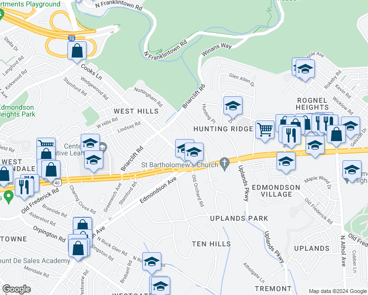 map of restaurants, bars, coffee shops, grocery stores, and more near 701 Cooks Lane in Baltimore
