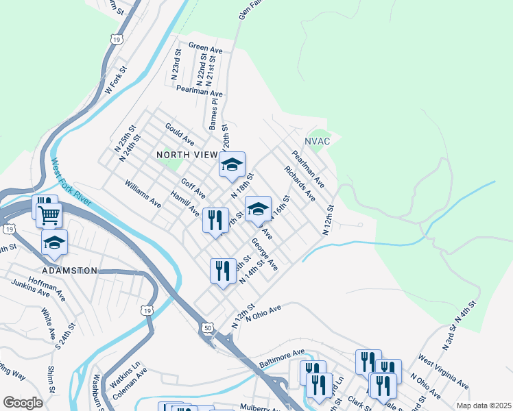 map of restaurants, bars, coffee shops, grocery stores, and more near 1423 North 17th Street in Clarksburg