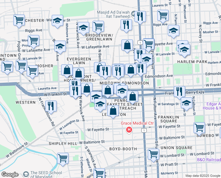 map of restaurants, bars, coffee shops, grocery stores, and more near 2100 West Franklin Street in Baltimore