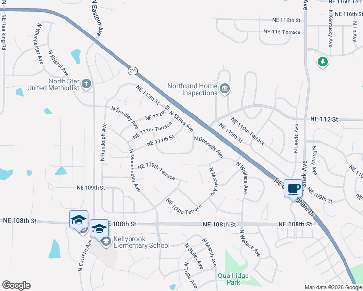 map of restaurants, bars, coffee shops, grocery stores, and more near 11028 North Tullis Court in Kansas City