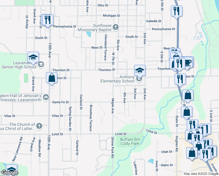 map of restaurants, bars, coffee shops, grocery stores, and more near 2304 Maple Avenue in Leavenworth
