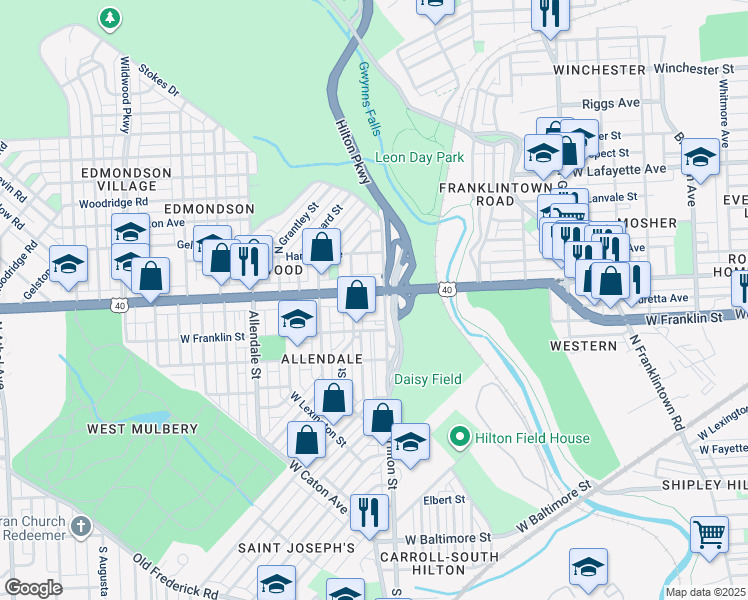 map of restaurants, bars, coffee shops, grocery stores, and more near 3309 Edmondson Avenue in Baltimore