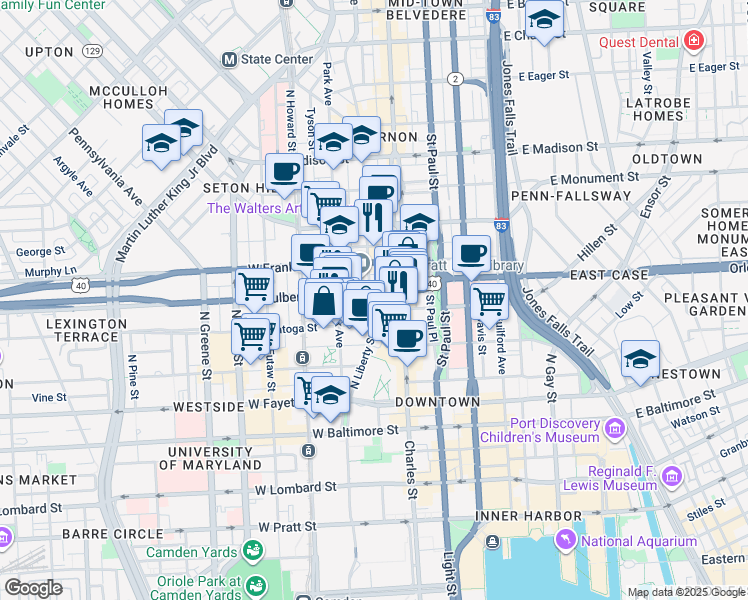 map of restaurants, bars, coffee shops, grocery stores, and more near 311 Cathedral Street in Baltimore