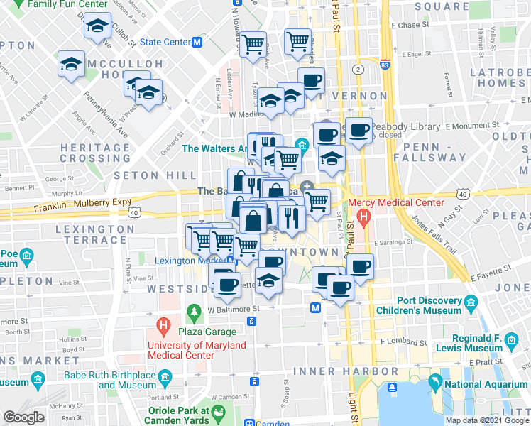 map of restaurants, bars, coffee shops, grocery stores, and more near 211 West Mulberry Street in Baltimore