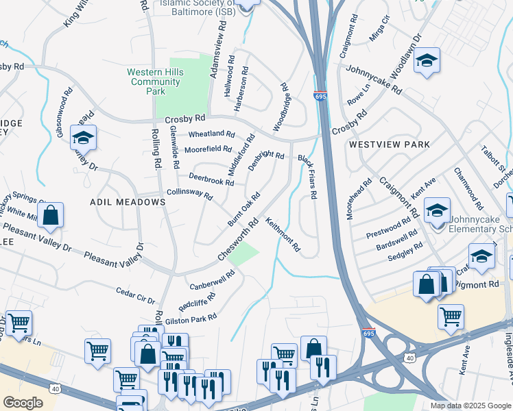 map of restaurants, bars, coffee shops, grocery stores, and more near 6029 Burnt Oak Road in Catonsville