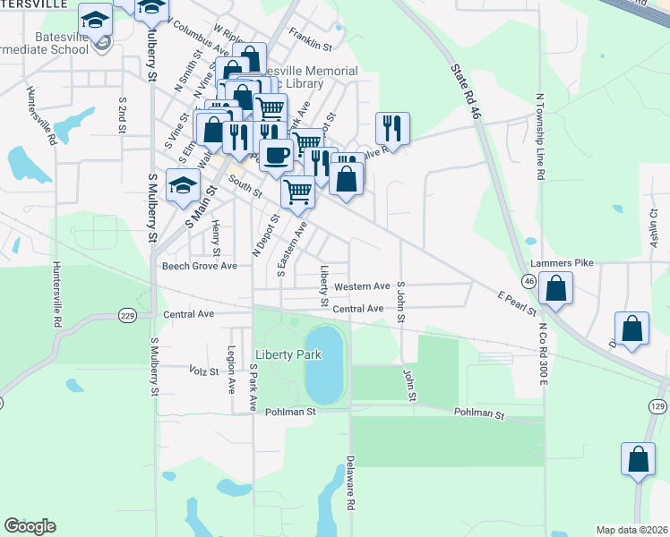 map of restaurants, bars, coffee shops, grocery stores, and more near 609 Myrtle Place in Batesville