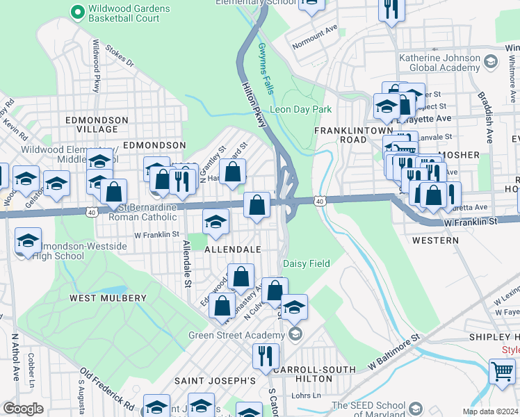 map of restaurants, bars, coffee shops, grocery stores, and more near 3327 Edmondson Avenue in Baltimore