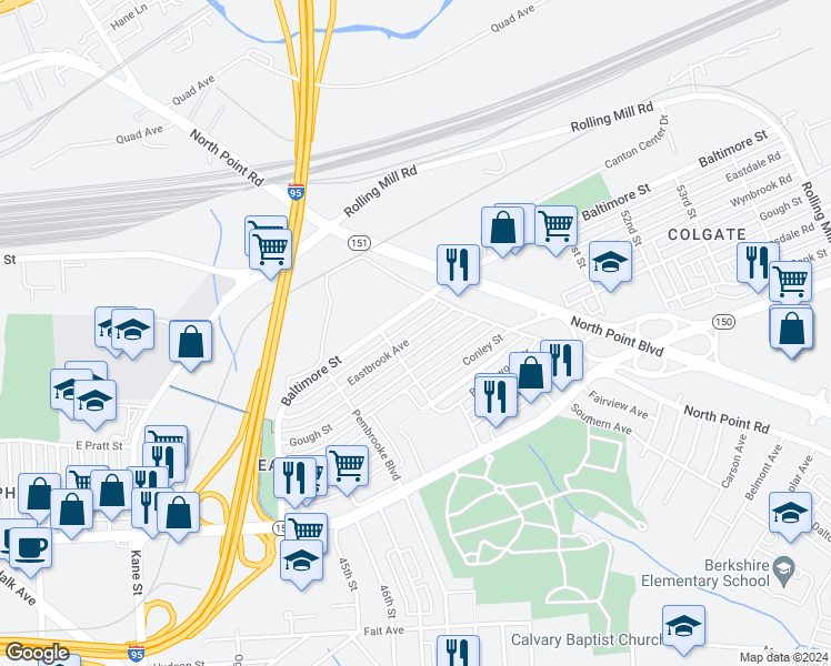 map of restaurants, bars, coffee shops, grocery stores, and more near 7136 Eastbrook Avenue in Baltimore