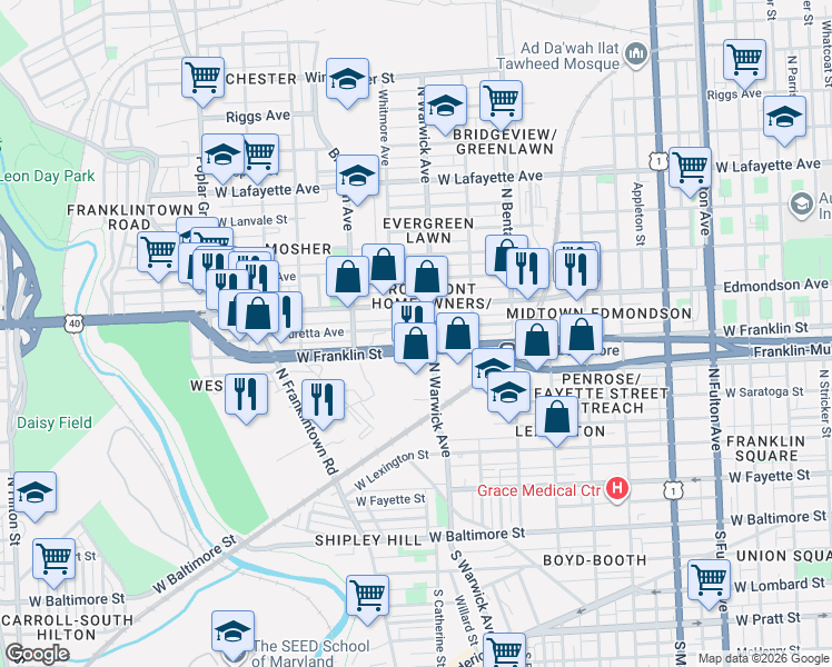 map of restaurants, bars, coffee shops, grocery stores, and more near 2521 Lauretta Avenue in Baltimore