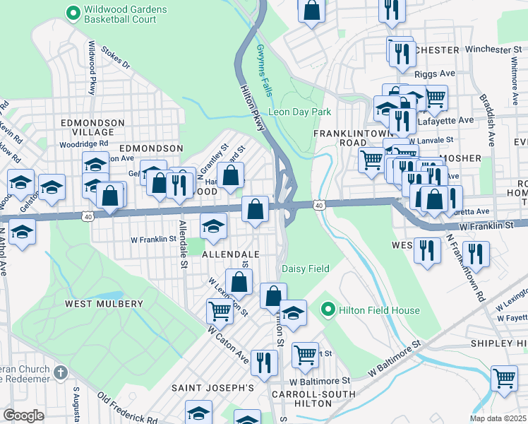 map of restaurants, bars, coffee shops, grocery stores, and more near 3317 Edmondson Avenue in Baltimore