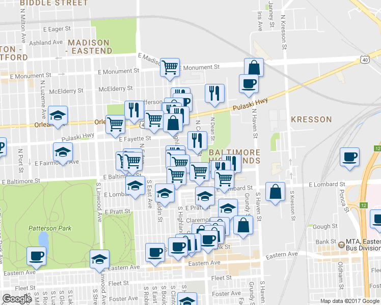 map of restaurants, bars, coffee shops, grocery stores, and more near 3508 East Fairmount Avenue in Baltimore