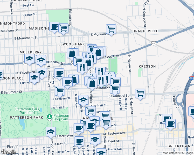map of restaurants, bars, coffee shops, grocery stores, and more near 3508 East Fairmount Avenue in Baltimore