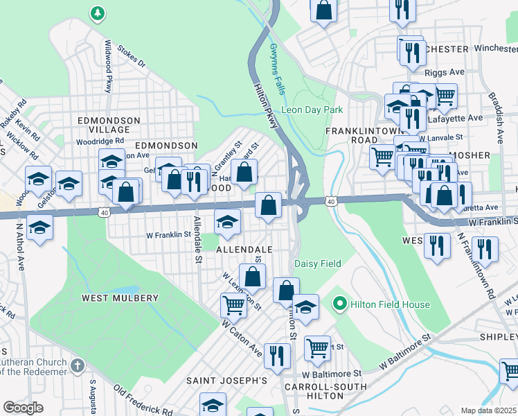 map of restaurants, bars, coffee shops, grocery stores, and more near 3411 Edmondson Avenue in Baltimore