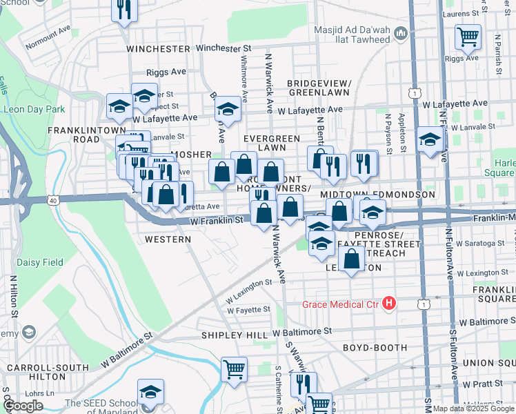 map of restaurants, bars, coffee shops, grocery stores, and more near 2535 Lauretta Avenue in Baltimore