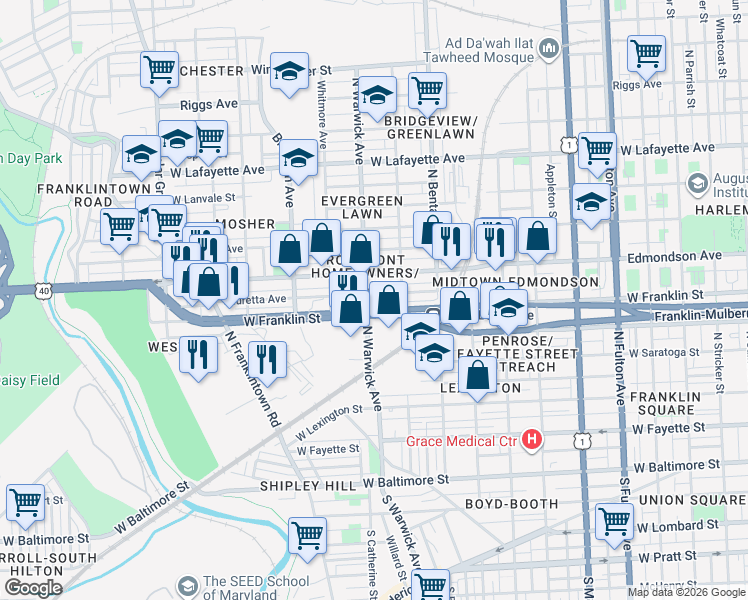 map of restaurants, bars, coffee shops, grocery stores, and more near 2445 Lauretta Avenue in Baltimore