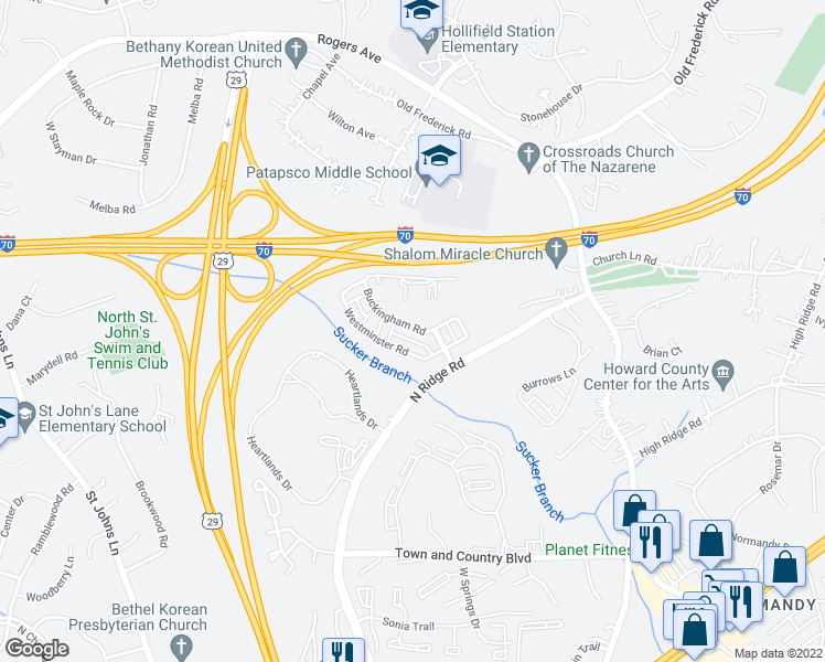 map of restaurants, bars, coffee shops, grocery stores, and more near 2615 Buckingham Road in Ellicott City