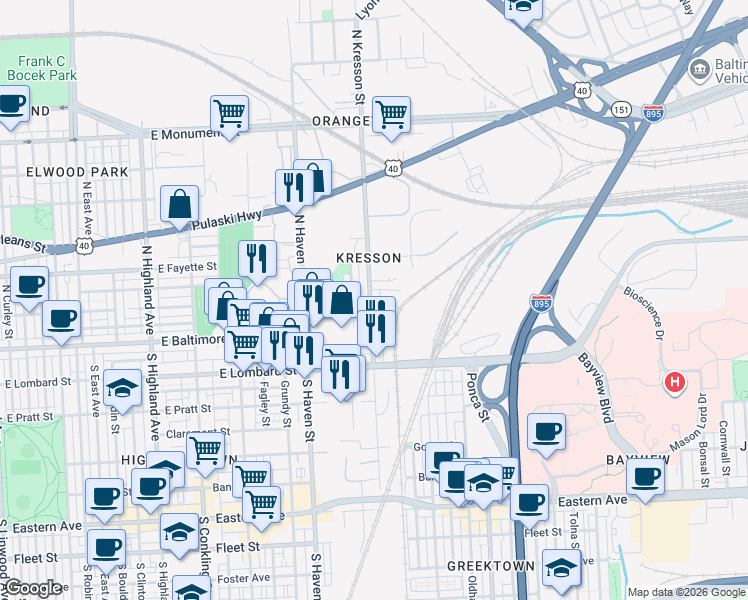 map of restaurants, bars, coffee shops, grocery stores, and more near 33 North Kresson Street in Baltimore