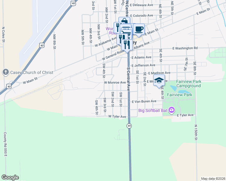 map of restaurants, bars, coffee shops, grocery stores, and more near 200 West Jackson Avenue in Casey