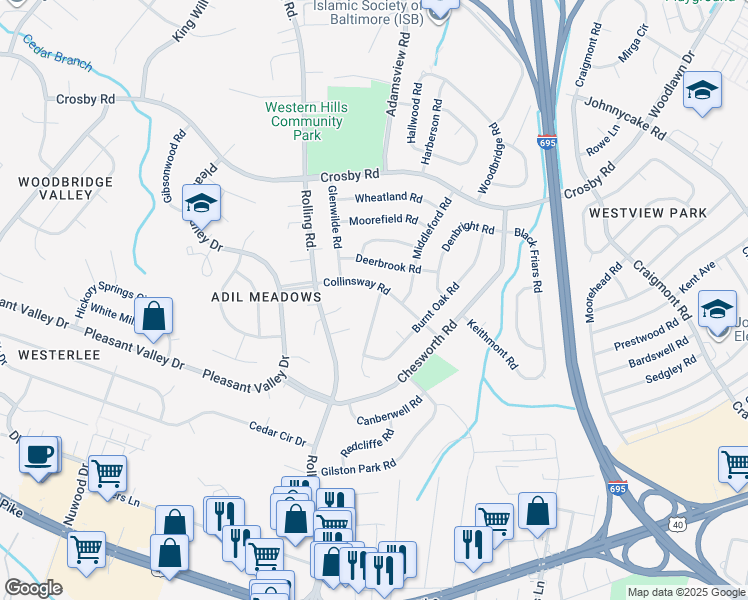 map of restaurants, bars, coffee shops, grocery stores, and more near 1332 Westburn Road in Catonsville