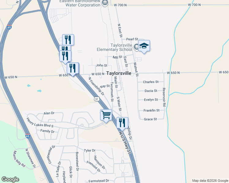 map of restaurants, bars, coffee shops, grocery stores, and more near 9241 Tecumseh Street in Taylorsville