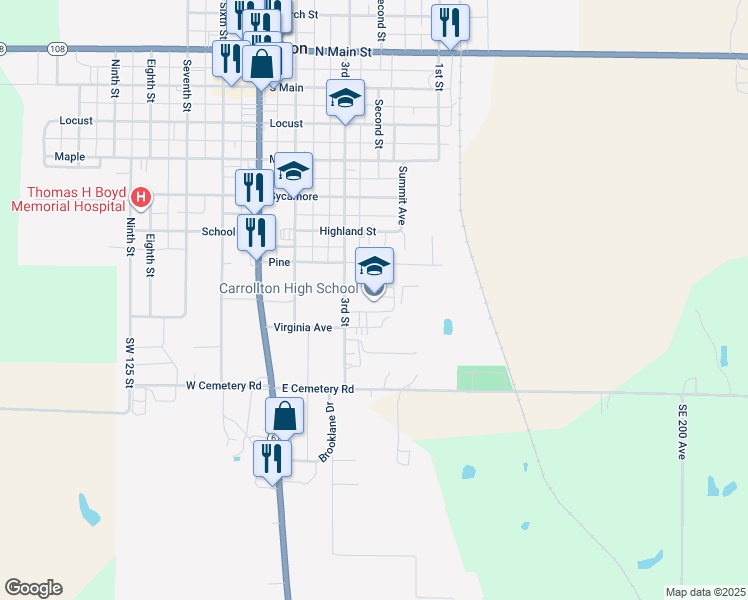 map of restaurants, bars, coffee shops, grocery stores, and more near 950 3rd Street in Carrollton