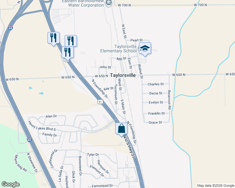 map of restaurants, bars, coffee shops, grocery stores, and more near 9241 Tecumseh Street in Taylorsville
