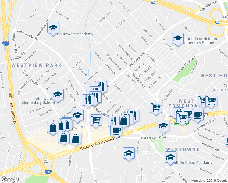 map of restaurants, bars, coffee shops, grocery stores, and more near 1127 Wilson Avenue in Baltimore