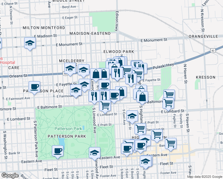 map of restaurants, bars, coffee shops, grocery stores, and more near 122 North Ellwood Avenue in Baltimore