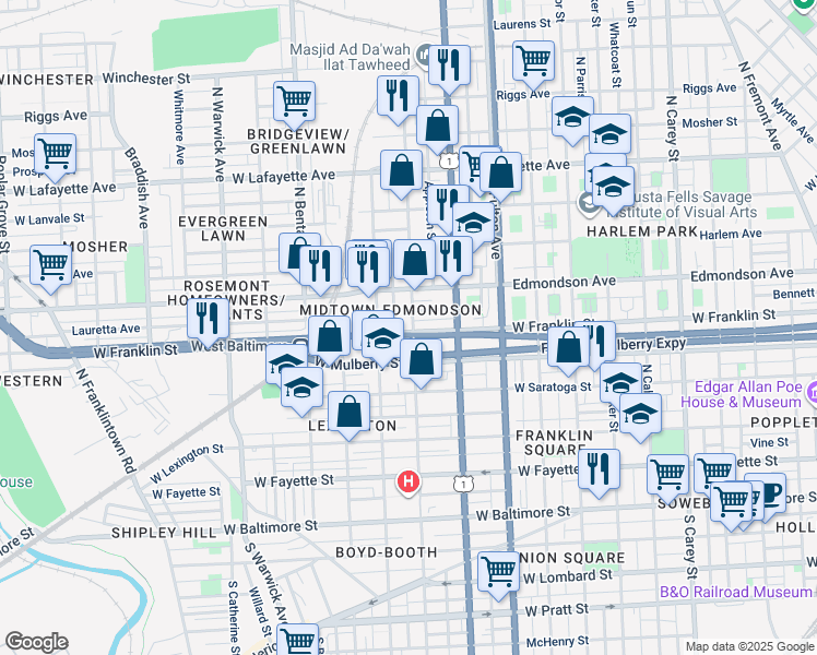 map of restaurants, bars, coffee shops, grocery stores, and more near 504 North Payson Street in Baltimore