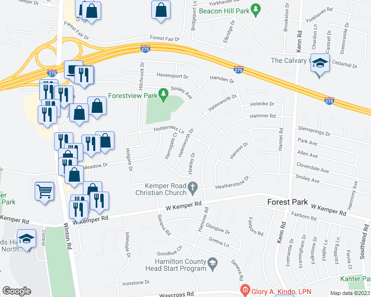 map of restaurants, bars, coffee shops, grocery stores, and more near 947 Halesworth Drive in Cincinnati