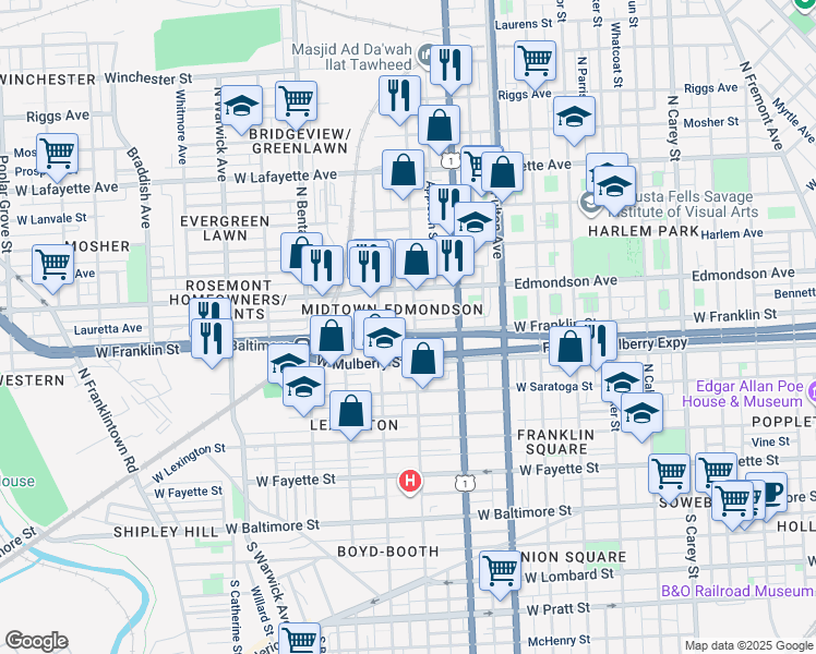 map of restaurants, bars, coffee shops, grocery stores, and more near 504 North Payson Street in Baltimore