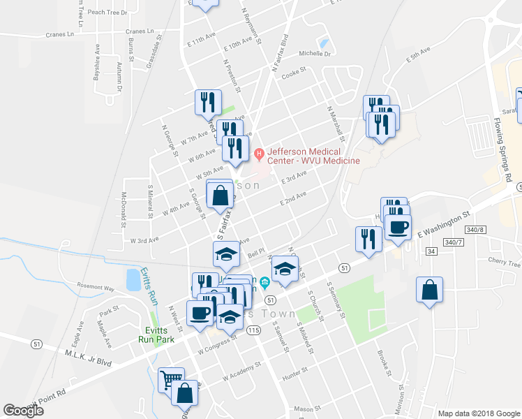 map of restaurants, bars, coffee shops, grocery stores, and more near 107 East 2nd Avenue in Ranson