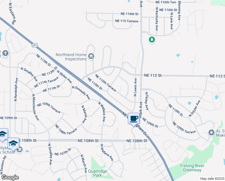map of restaurants, bars, coffee shops, grocery stores, and more near 8603 Northeast 110th Terrace in Kansas City