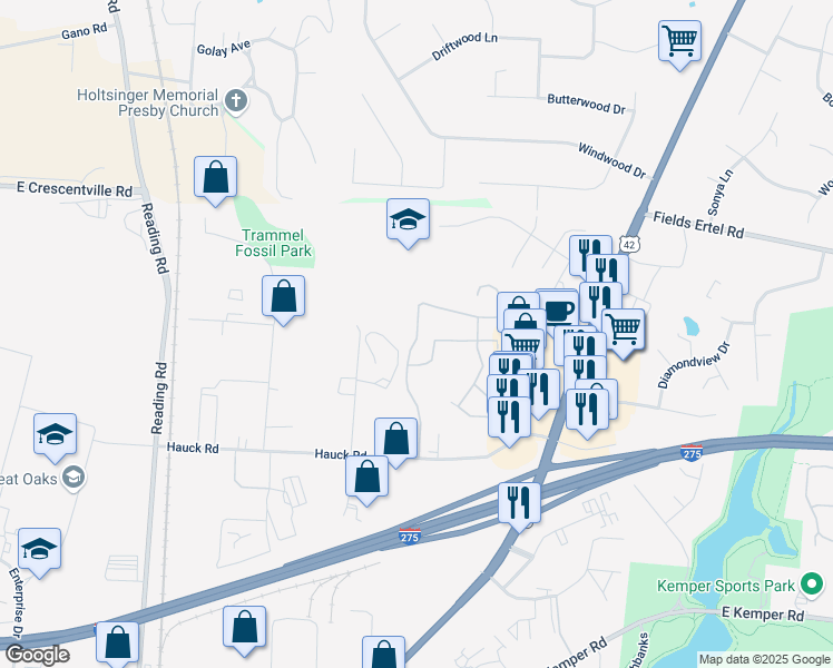 map of restaurants, bars, coffee shops, grocery stores, and more near 3812 Enclave Avenue in Sharonville