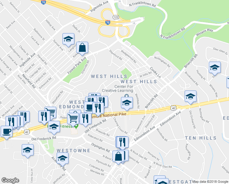 map of restaurants, bars, coffee shops, grocery stores, and more near 745 Westhills Parkway in Baltimore