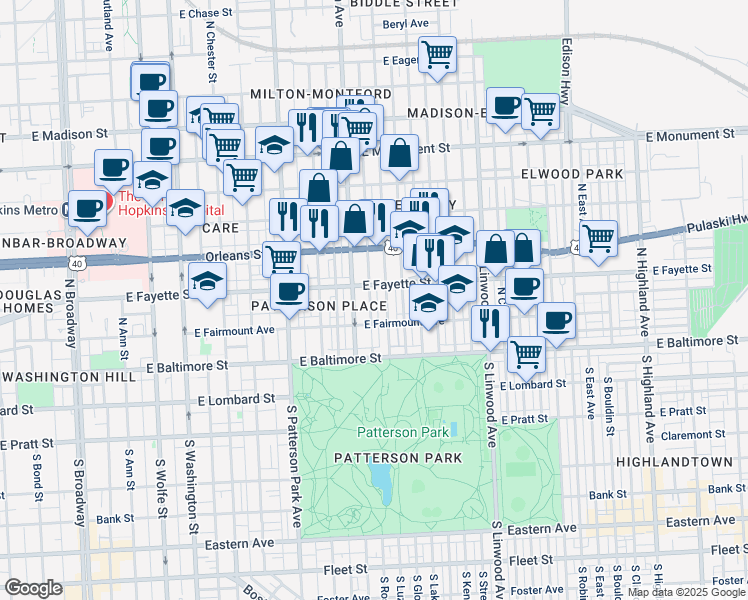 map of restaurants, bars, coffee shops, grocery stores, and more near 129 North Rose Street in Baltimore