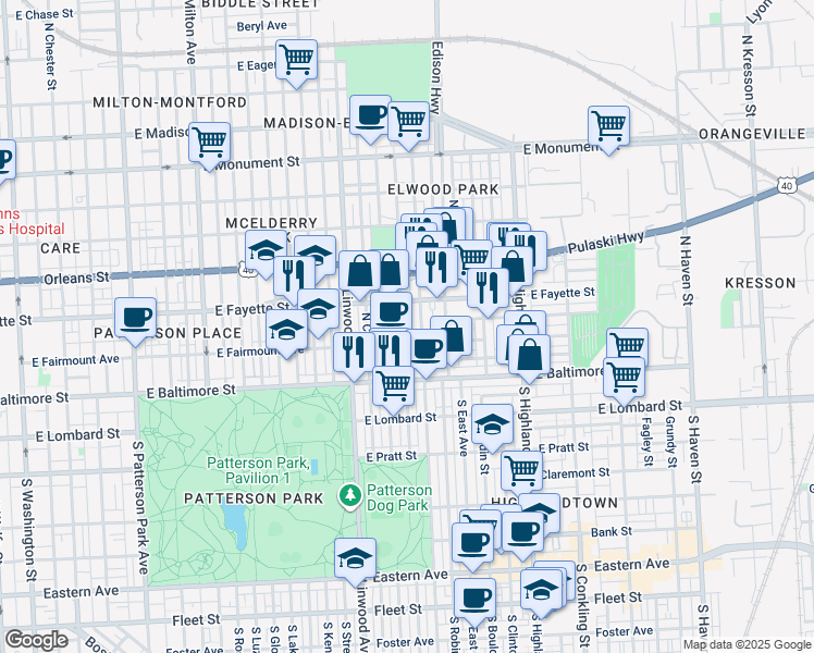 map of restaurants, bars, coffee shops, grocery stores, and more near 127 North Decker Avenue in Baltimore
