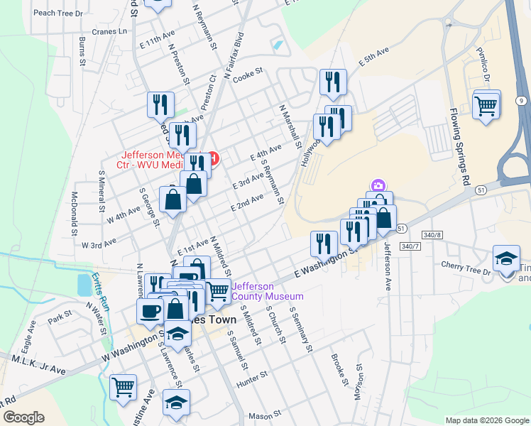 map of restaurants, bars, coffee shops, grocery stores, and more near 422 East 1st Avenue in Charles Town
