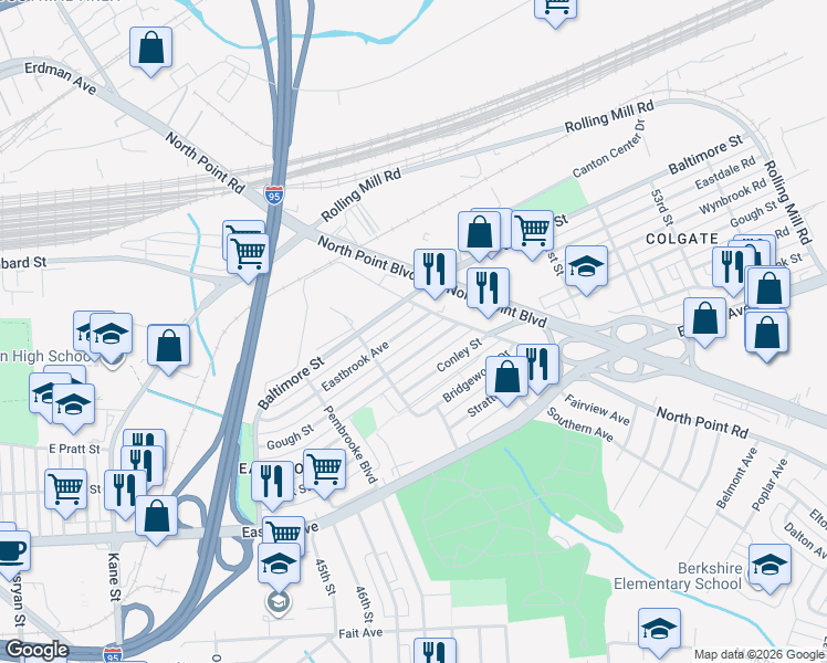 map of restaurants, bars, coffee shops, grocery stores, and more near 7157 Eastbrook Avenue in Baltimore