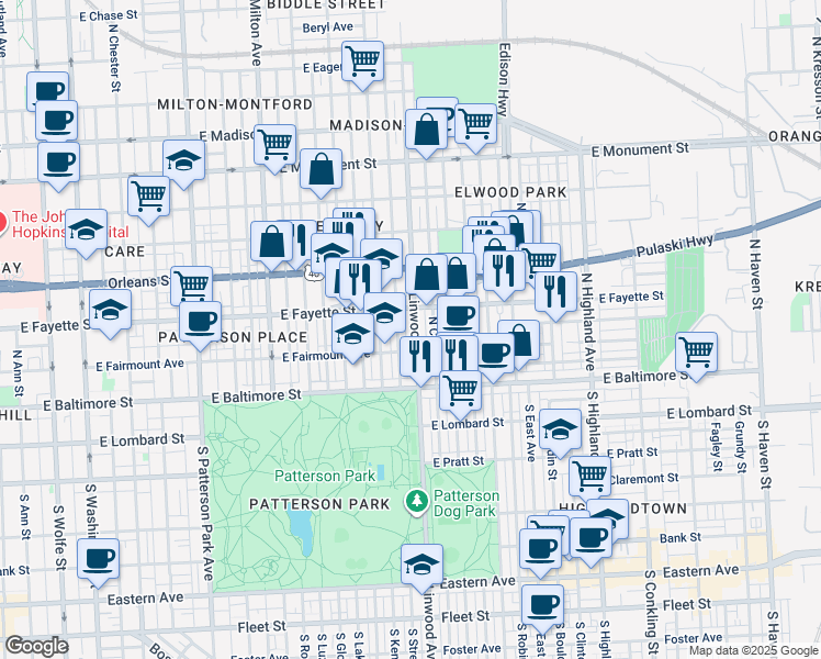 map of restaurants, bars, coffee shops, grocery stores, and more near 128 North Linwood Avenue in Baltimore