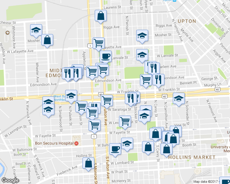map of restaurants, bars, coffee shops, grocery stores, and more near 1698 West Franklin Street in Baltimore