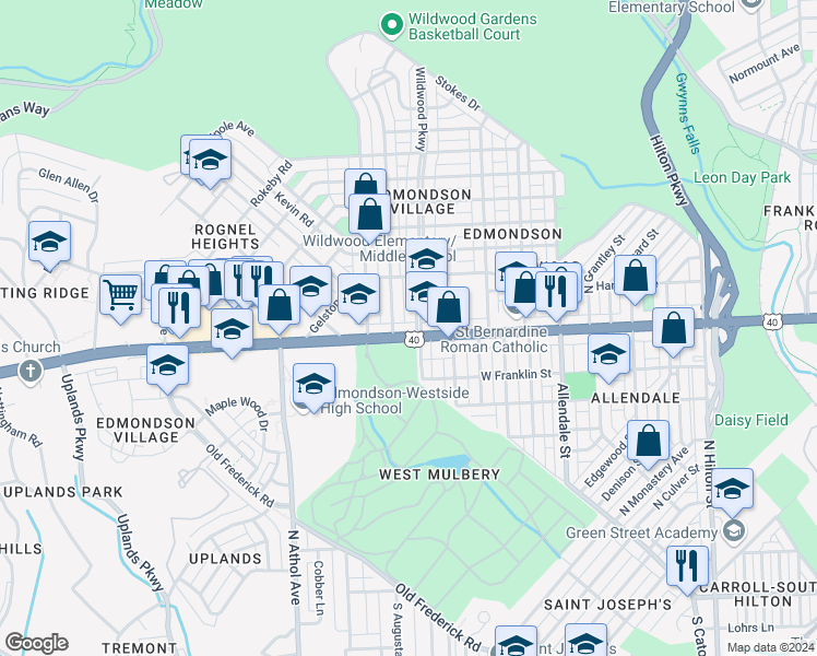 map of restaurants, bars, coffee shops, grocery stores, and more near 4104 Edmondson Avenue in Baltimore