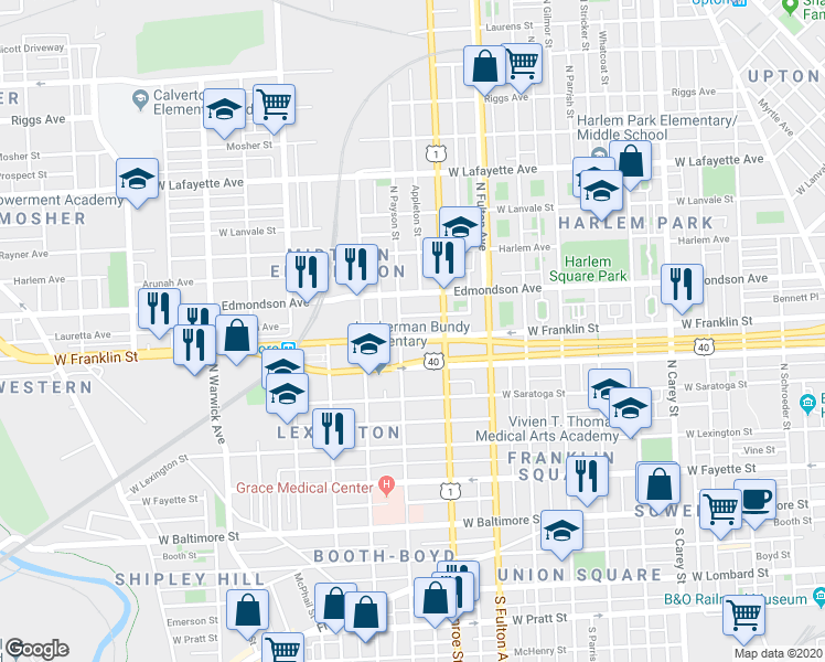 map of restaurants, bars, coffee shops, grocery stores, and more near 1936 West Franklin Street in Baltimore