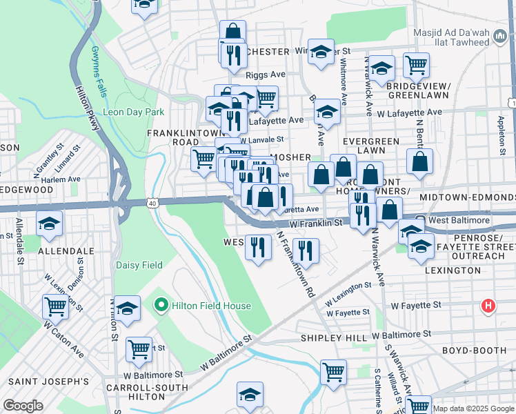 map of restaurants, bars, coffee shops, grocery stores, and more near 2819 West Franklin Street in Baltimore