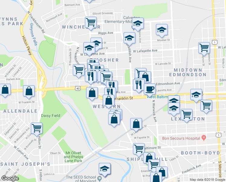 map of restaurants, bars, coffee shops, grocery stores, and more near 2718 Lauretta Ave in Baltimore