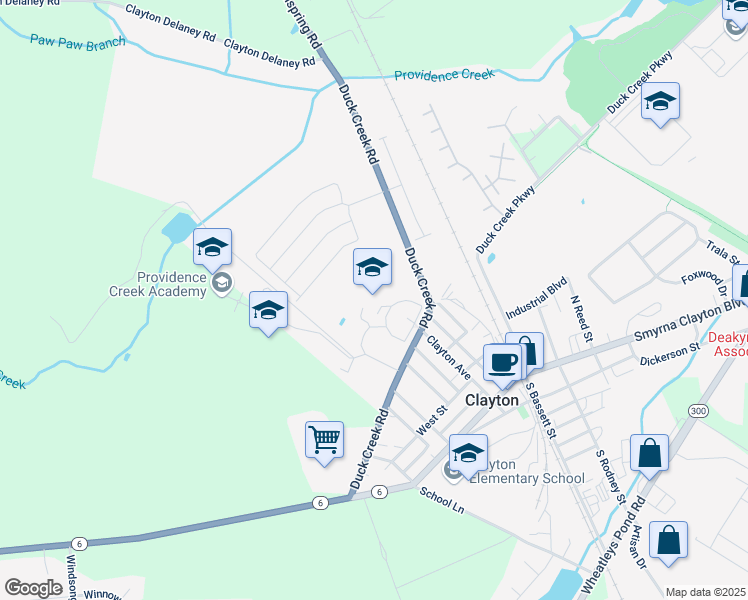 map of restaurants, bars, coffee shops, grocery stores, and more near 355 Duck Creek Road in Clayton
