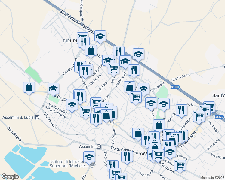 map of restaurants, bars, coffee shops, grocery stores, and more near 51 Via Marconi in Assemini