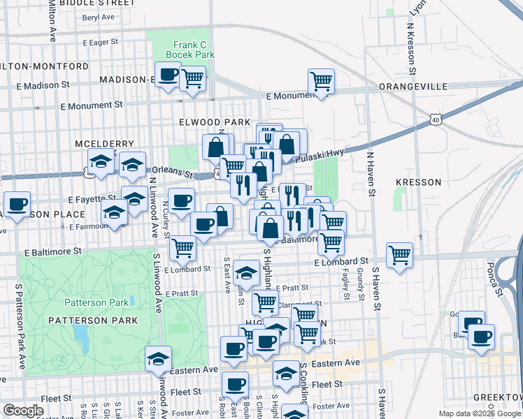 map of restaurants, bars, coffee shops, grocery stores, and more near 114 South Highland Avenue in Baltimore