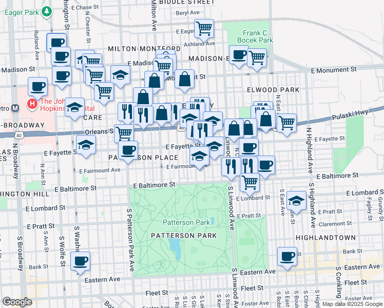 map of restaurants, bars, coffee shops, grocery stores, and more near 136 North Lakewood Avenue in Baltimore